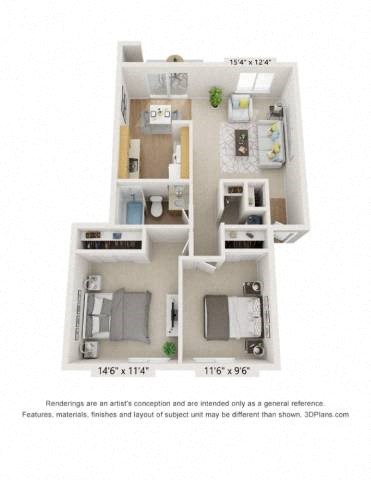 Floor plan for 2 beds, 1 bath, 875 sqft